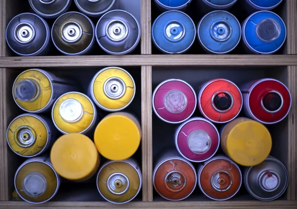 Spray Paint Dispenser Different Colors Painted Stacked Spray Paint Canisters — Stock Photo, Image