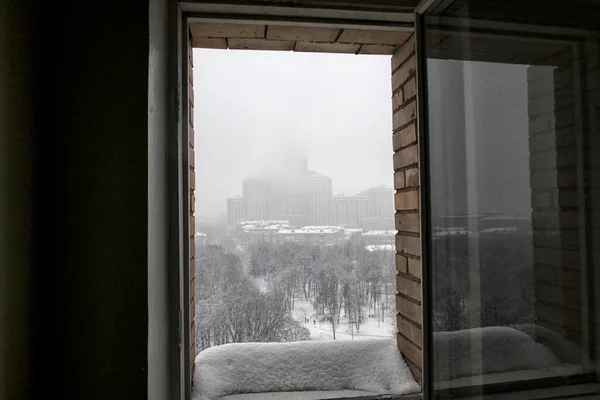 Снегопад Городе Москве Сильный Снегопад Многоквартирные Дома Зимой Зимний Пейзаж — стоковое фото