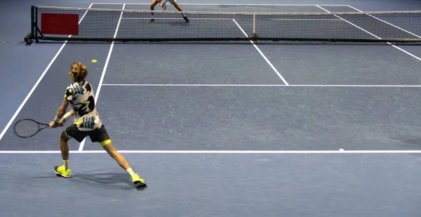 Jugador Tenis Durante Partido Llegando Conseguir Tiro Gota — Foto de Stock