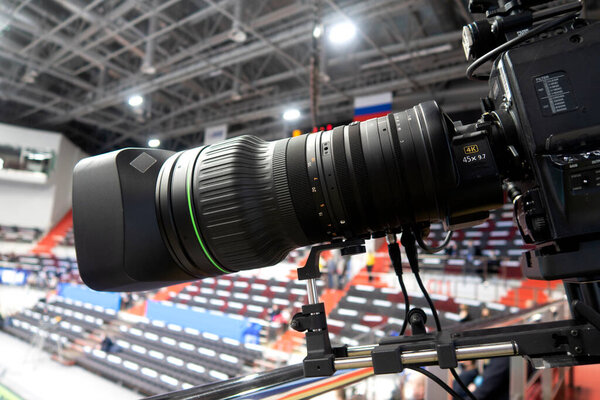 TV camera on before broadcasting a volleyball match.