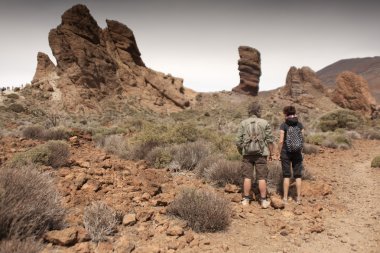 Erkek ve kadın yürüyüşçü yaz dağlarda trekking.