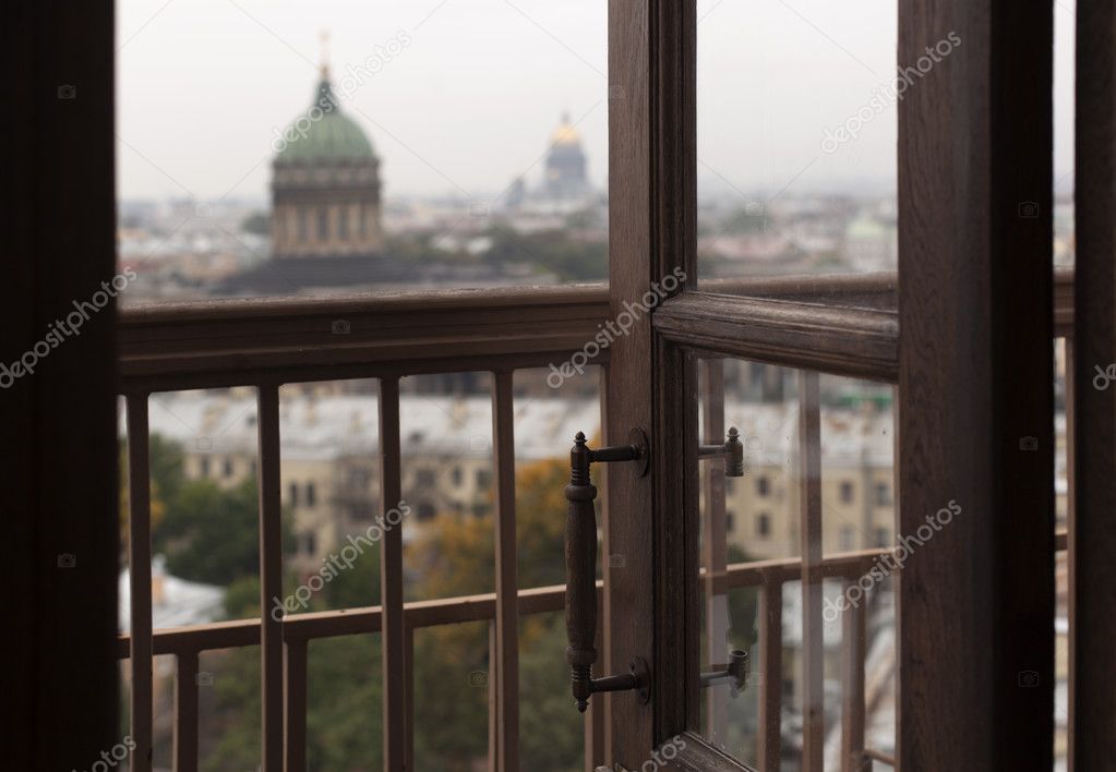 View of the city of St. Petersburg through the window