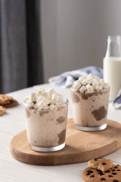 Milkshake Ice Cream Marshmallows Chocolate Glass Milkshake Wooden Board Chocolate — Stock Photo, Image