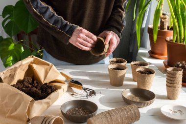 Tohum ekmek için çevre dostu tencereler, toprak ve bahçe malası ve tırmık dolu kağıt torba, ekilecek domates tohumu, bir adam eve fidanlar ekiyor.
