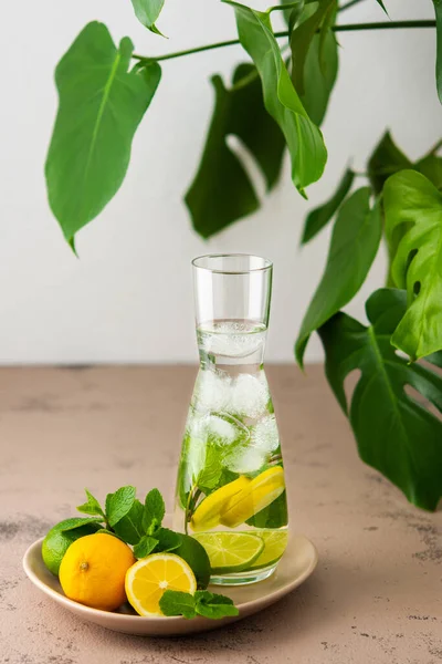 Cold refreshing lemonade in a jug, a jug with cut lemon and lime wedges, mint and cold water with ice, Monstera flower in the background