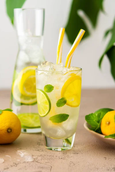 Cold refreshing lemonade in a glass with a straw, a glass with sliced lemon and lime wedges, mint leaves and cold water with ice, Monstera flower in the background