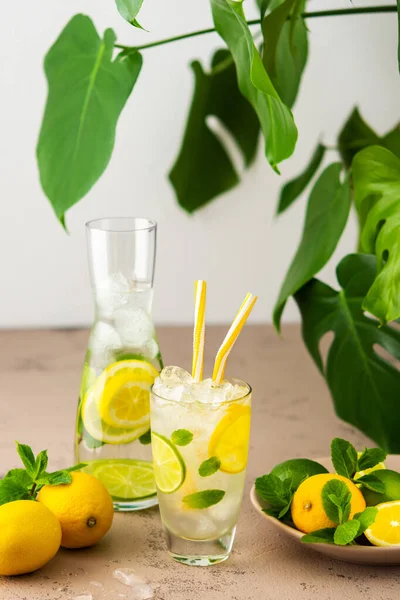 Limonada Fría Refrescante Vaso Con Una Paja Vaso Con Rodajas — Foto de Stock