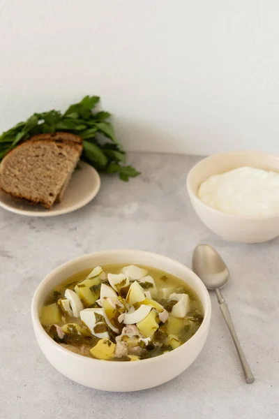 Piept de pui și supă de sorrel — Fotografie, imagine de stoc