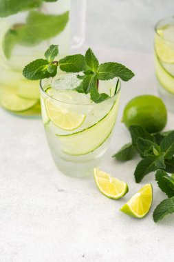 Limonlu ve salatalıklı soğuk, ferahlatıcı içecekler, yaz buzlu içecekler ve taze yeşil nane, limon suyla kaplanmış bardak.