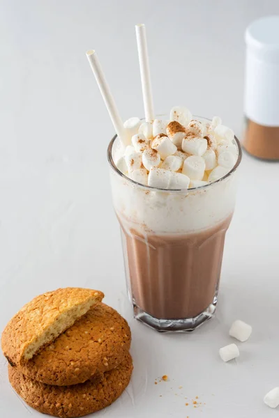 Glass Cocoa Milk Froth Marshmallow Sprinkled Cinnamon Oatmeal Cookies Straws — 스톡 사진
