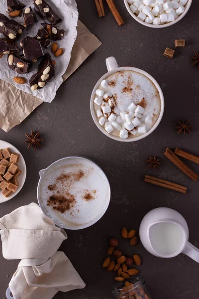 코코아는 마시멜로를 알루미늄 계피와 아몬드 사탕수수 아니스 견과류 어두운 초콜릿을 — 스톡 사진