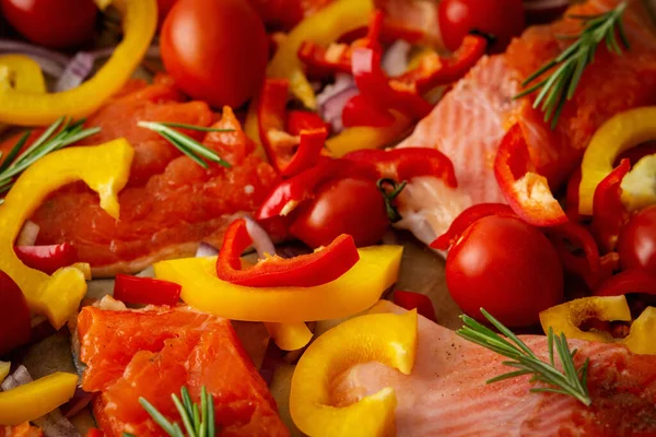 Baking Sheet Cooked Fish Baking Red Fish Arctic Char Tomatoes — Stock Photo, Image