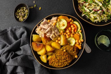 Enjoy a delicious and nutritious breakfast featuring baked sweet potato, colorful vegetables, lentil cutlets, chicken, and a fresh salad