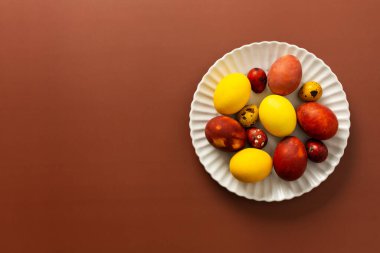 Vibrant Easter eggs in various colors rest on a white plate, showcasing shades of yellow, red, and speckled patterns, perfect for holiday decor and celebration
