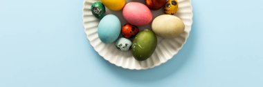 Güzel dekore edilmiş Paskalya yumurtaları beyaz bir tabakta açık mavi arka planda sergileniyor, Paskalya kutlamalarının neşesini sembolize ediyor, afiş.