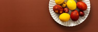 Vibrant Easter eggs in various colors rest on a white plate, showcasing shades of yellow, red, and speckled patterns, perfect for holiday decor and celebration