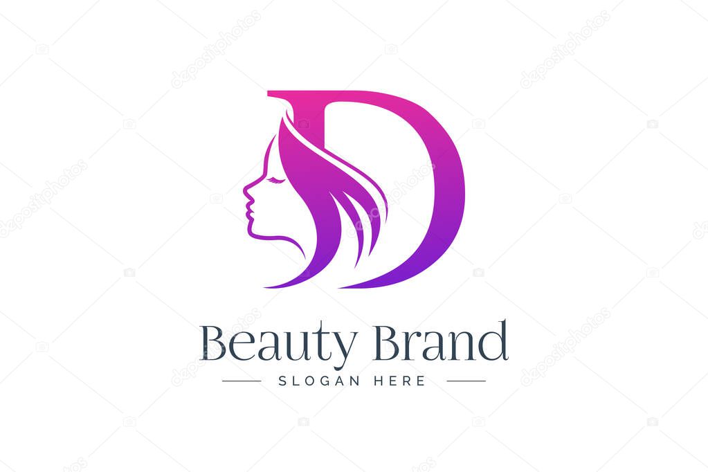Letter D beauty logo design. Woman face silhouette isolated on letter D.