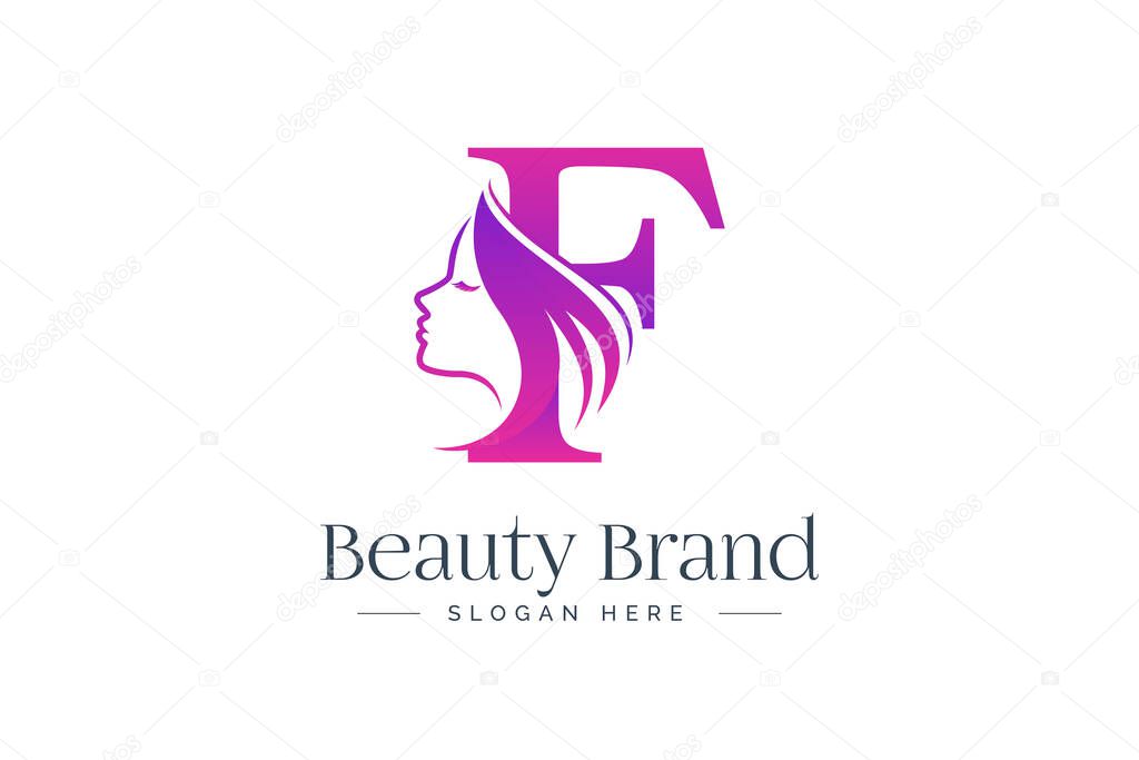 Letter F beauty logo design. Woman face silhouette isolated on letter F.