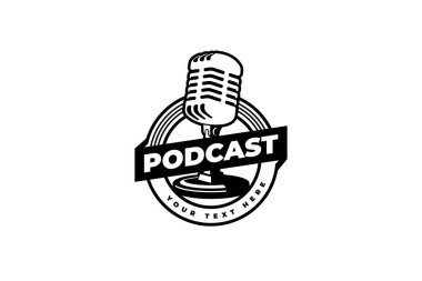 Podcast veya şarkıcı vokal logosu retro mikrofon ve vinil simge ile.