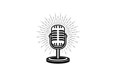 Retro mikrofon vektör çizimi. Podcast veya karaoke logosu için tasarım ögesi, etiket, amblem, imza.