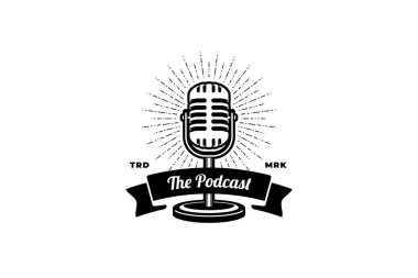 Retro mikrofonlu Podcast şarkıcısı karaoke. Logo, etiket, amblem ve imza için tasarım ögesi.
