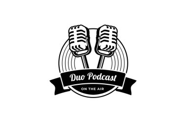 Podcast veya şarkıcı vokal logosu retro mikrofon ve vinil simge ile.