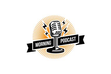 Podcast logo şablonu. Mikrofon ve gündoğumu illüstrasyonu. Karaoke, podcast, şarkıcı logosu için tasarım ögesi