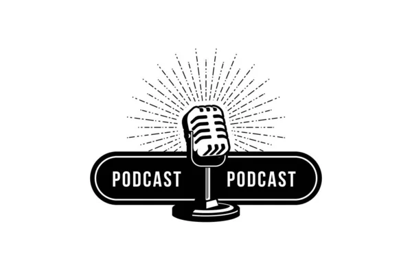 Podcast Istasyonu Eski Mikrofonlu Şarkıcı Karaoke Logo Etiket Amblem Imza — Stok Vektör