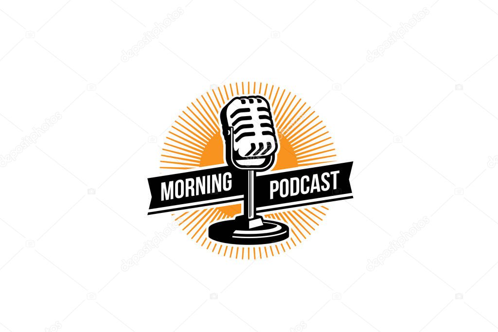Podcast logo template. Mic microphone and sunrise illustration. Design element for karaoke, podcast, singer logo