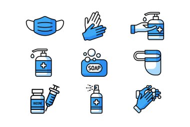 Kişisel koruma ekipmanı ikonları. Coronavirus, covid 19 önleme maddesi. Tıbbi maske, lateks eldivenler, sabun, şeker kutusu, koruyucu gözlük.