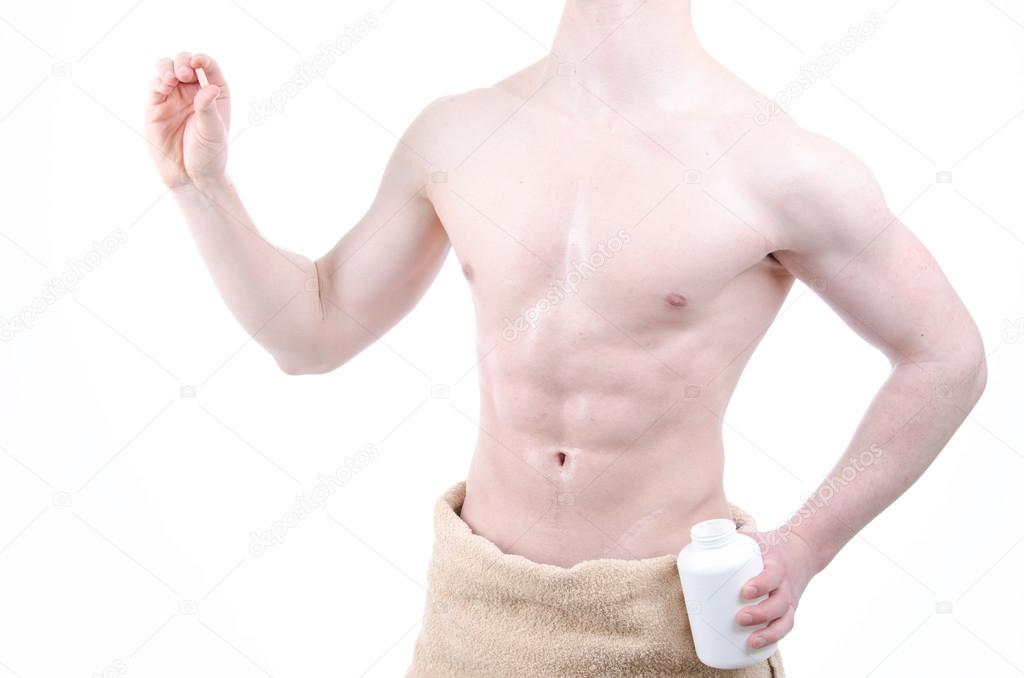 Pill. Young man after a shower.