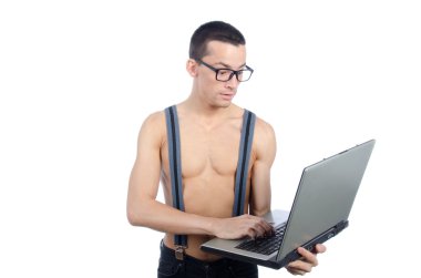 Bir dizüstü bilgisayar ile seksi inek.