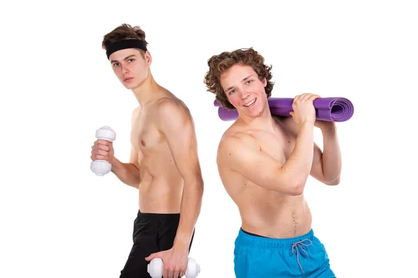 Fitness Estilo Vida Saludable Dos Jóvenes Atractivos Estudiantes Gimnasio Fondo — Foto de Stock