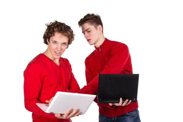 Study Work Two Young Attractive Students Laptops White Background — Stock Photo, Image