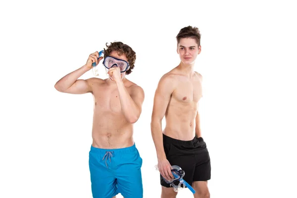 Vacances Vacances Deux Jeunes Gens Attirants Vont Mer Fond Blanc — Photo
