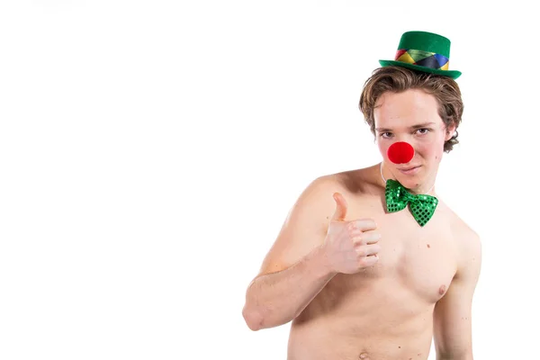 Grappige Vent Een Clownspak Vakantie Plezier Jonge Aantrekkelijke Man Een — Stockfoto