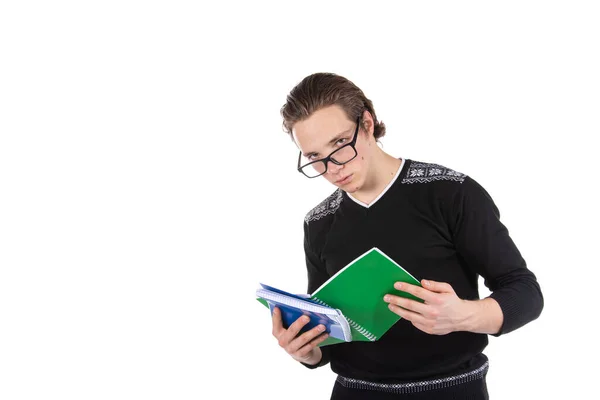 Student Auf Weißem Hintergrund Junger Attraktiver Kerl Und Bücher — Stockfoto