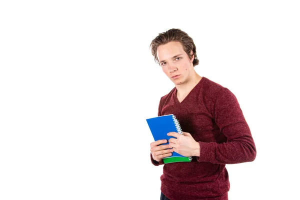 Student Auf Weißem Hintergrund Junger Attraktiver Kerl Und Bücher — Stockfoto