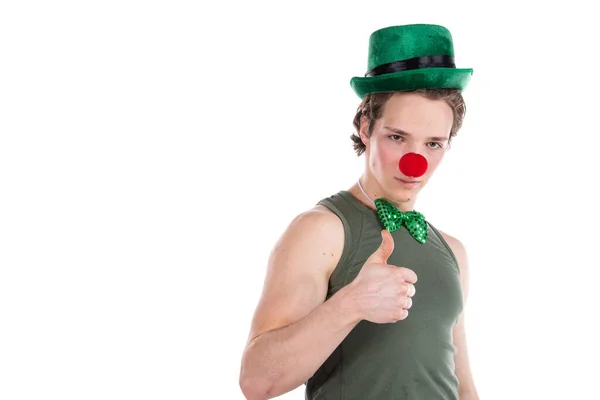 Rolig Kille Clowndräkt Semester Och Skoj Ung Attraktiv Man Vit — Stockfoto