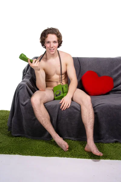 Young Attractive Guy Resting Couch White Background — Stock Photo, Image