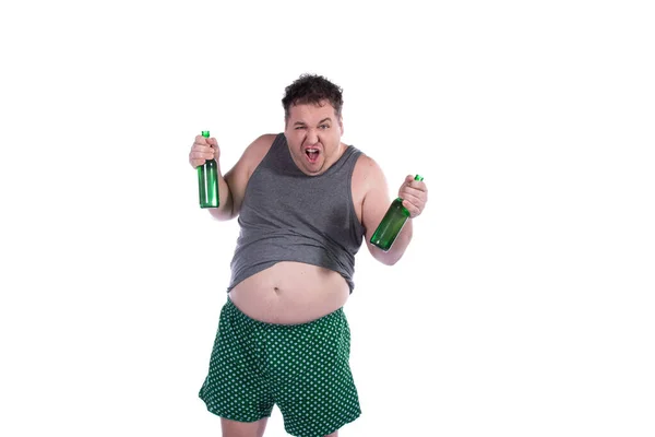 Engraçado Gordo Está Bebendo Cerveja — Fotografia de Stock