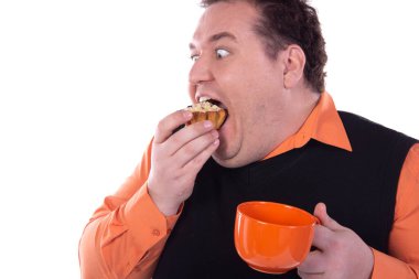 Diyetteki komik şişman adam. Baget ekmekli mutlu adam.. 