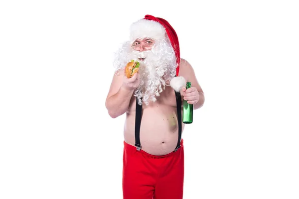 Śmieszny Święty Mikołaj Pije Piwo — Zdjęcie stockowe