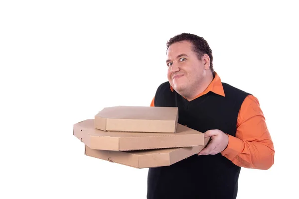 Engraçado Homem Gordo Caixas Pizza — Fotografia de Stock