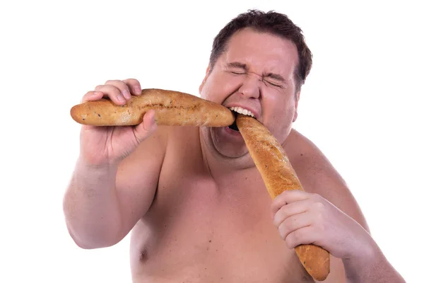 Pria Gemuk Yang Lucu Sedang Diet Pria Bahagia Dengan Baguette — Stok Foto