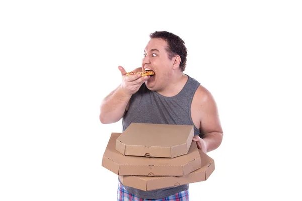 Hombre Gordo Divertido Cajas Pizza — Foto de Stock