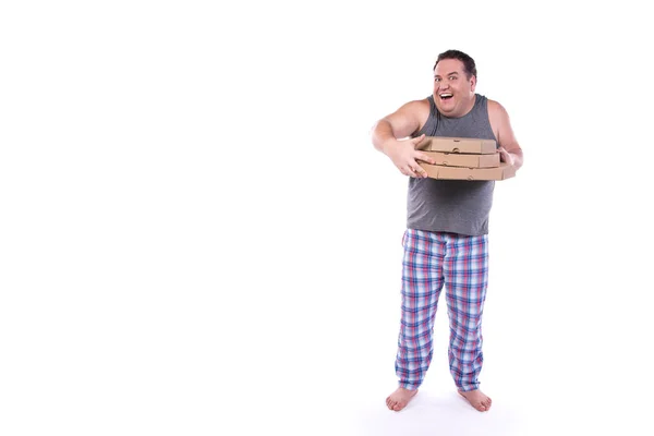 有趣的胖子和披萨盒 — 图库照片