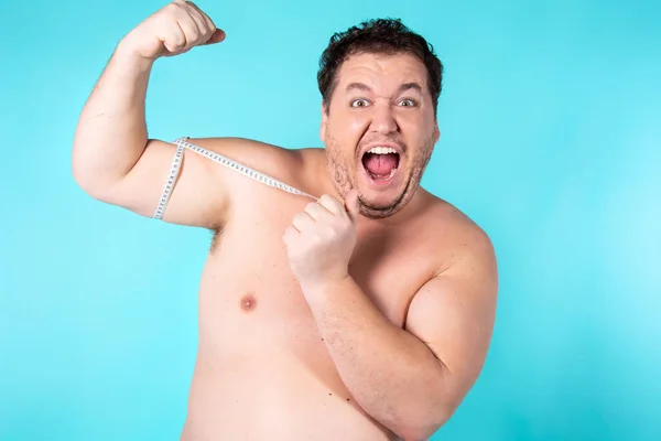 Lustig Fet Kille Diet Lycklig Man Med Baguetter — Stockfoto