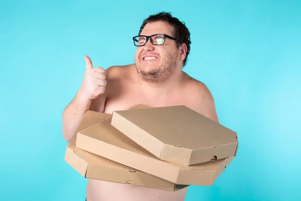 Divertente Grasso Uomo Scatole Pizza — Foto Stock