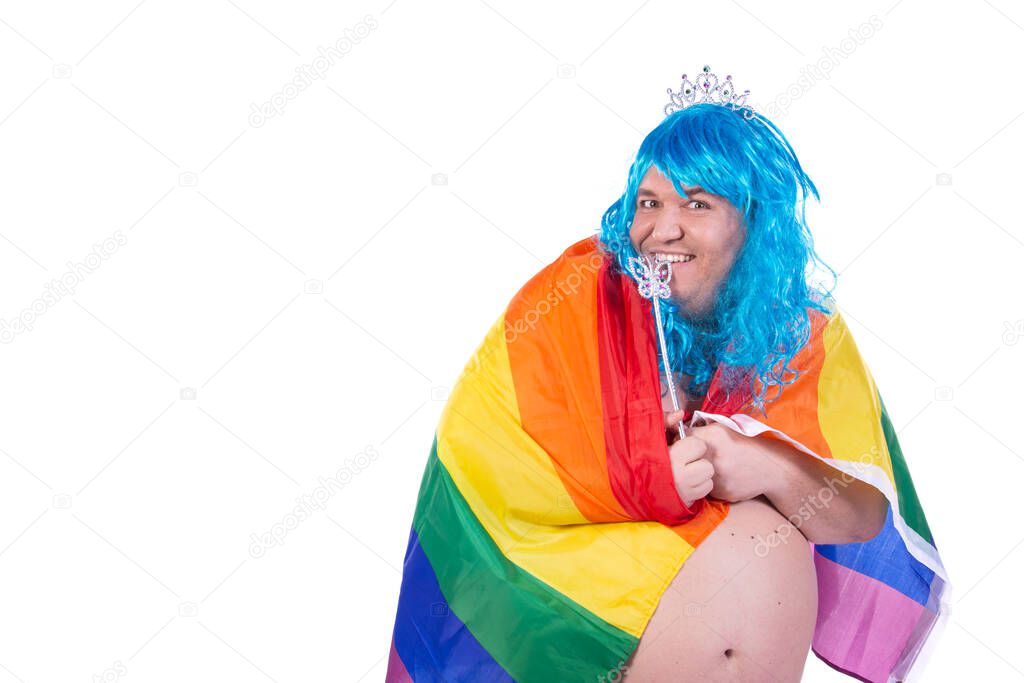Funny fat guy with a rainbow flag. Happy man on a white background.